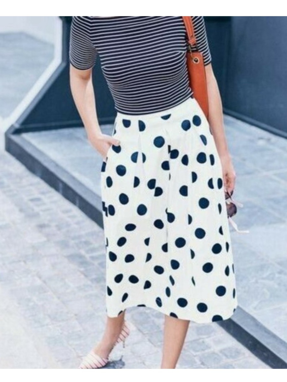 Boden Polka Dot A-Line Midi Skirt in White and Navy